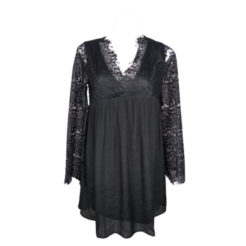 UMGEE Boho Black Lace V-Neck Bell Sleeve Dress S